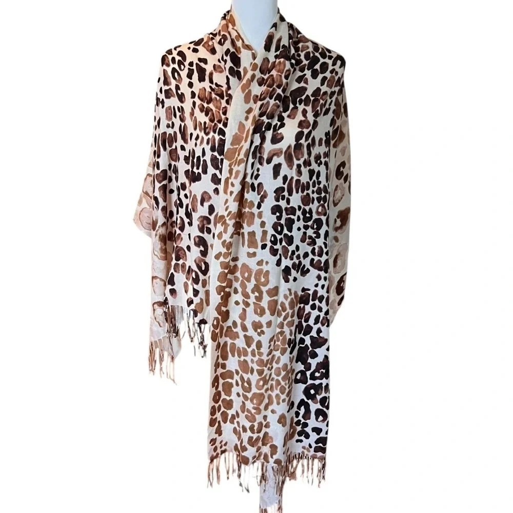 Leopard Print Fringe Scarf Wrap Shawl Neutral Tan Brown Animal Print